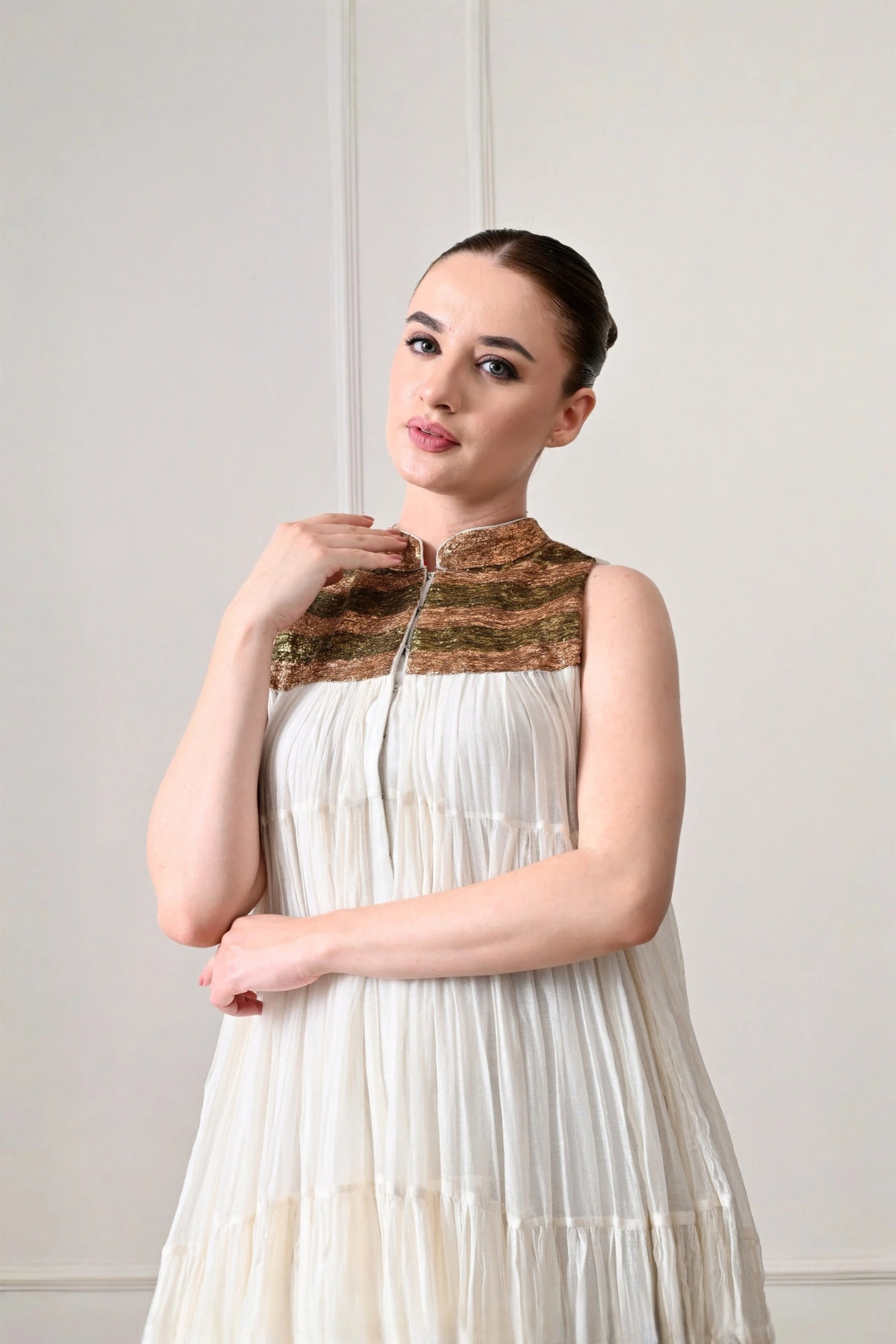 Ivory Crinkled Tiered Cape Gown with Metallic Yoke
