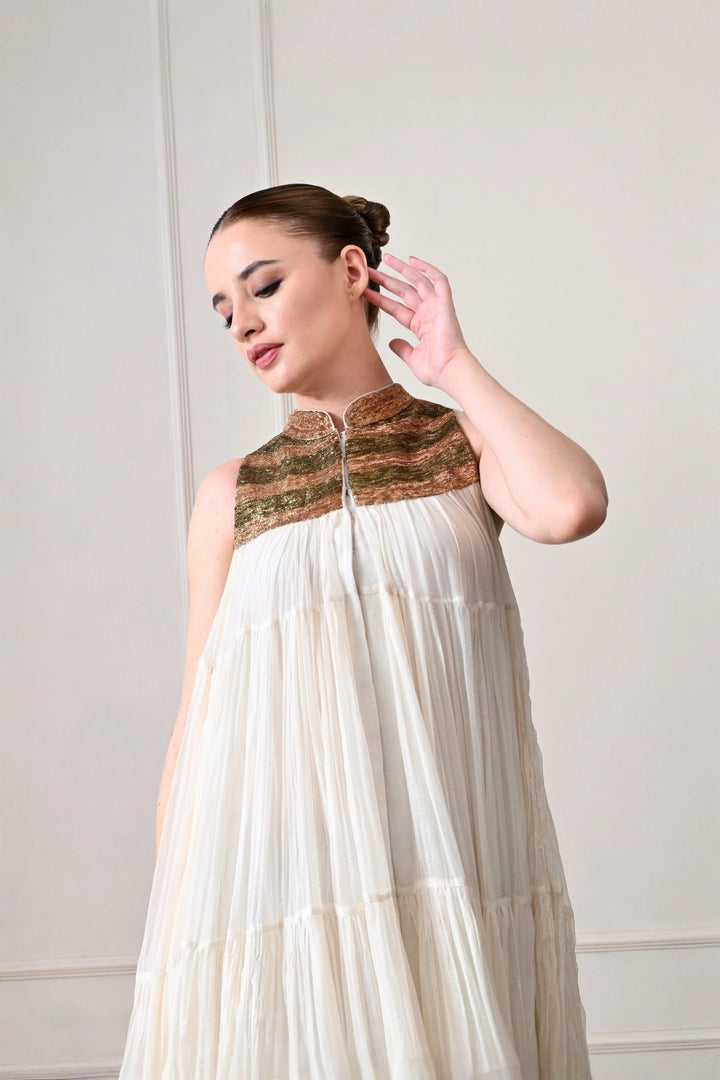 Ivory Crinkled Tiered Cape Gown with Metallic Yoke