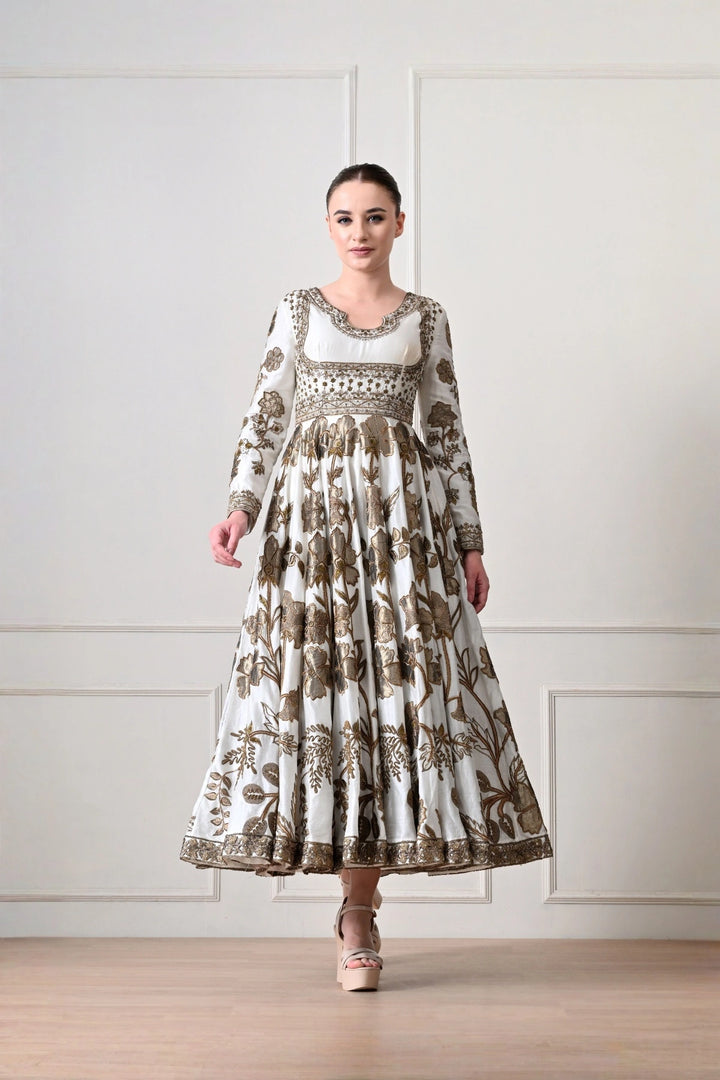 Ivory Midi Anarkali with Metallic Appliqué Florals