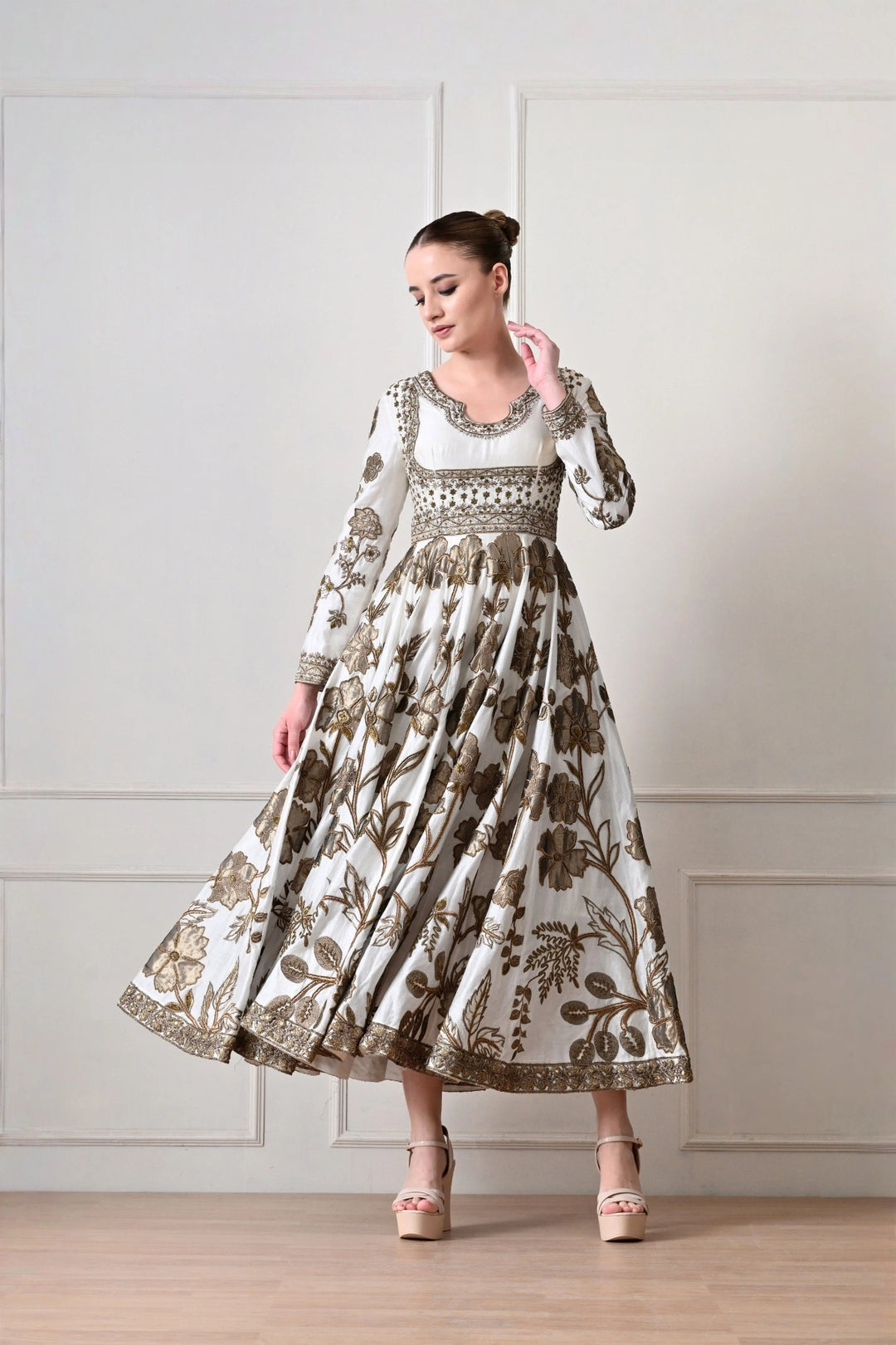 Ivory Midi Anarkali with Metallic Appliqué Florals