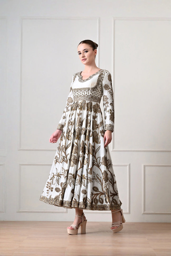 Ivory Midi Anarkali with Metallic Appliqué Florals