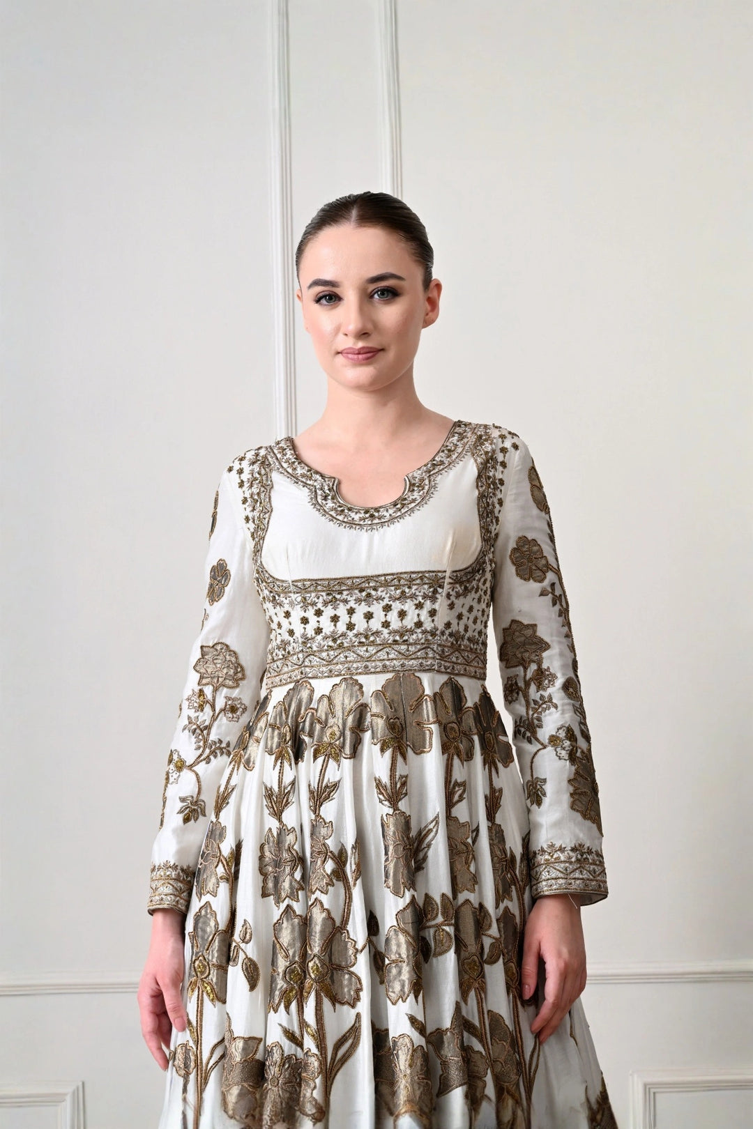 Ivory Midi Anarkali with Metallic Appliqué Florals
