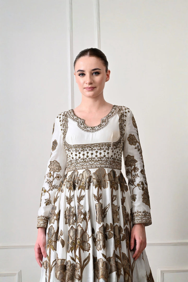 Ivory Midi Anarkali with Metallic Appliqué Florals