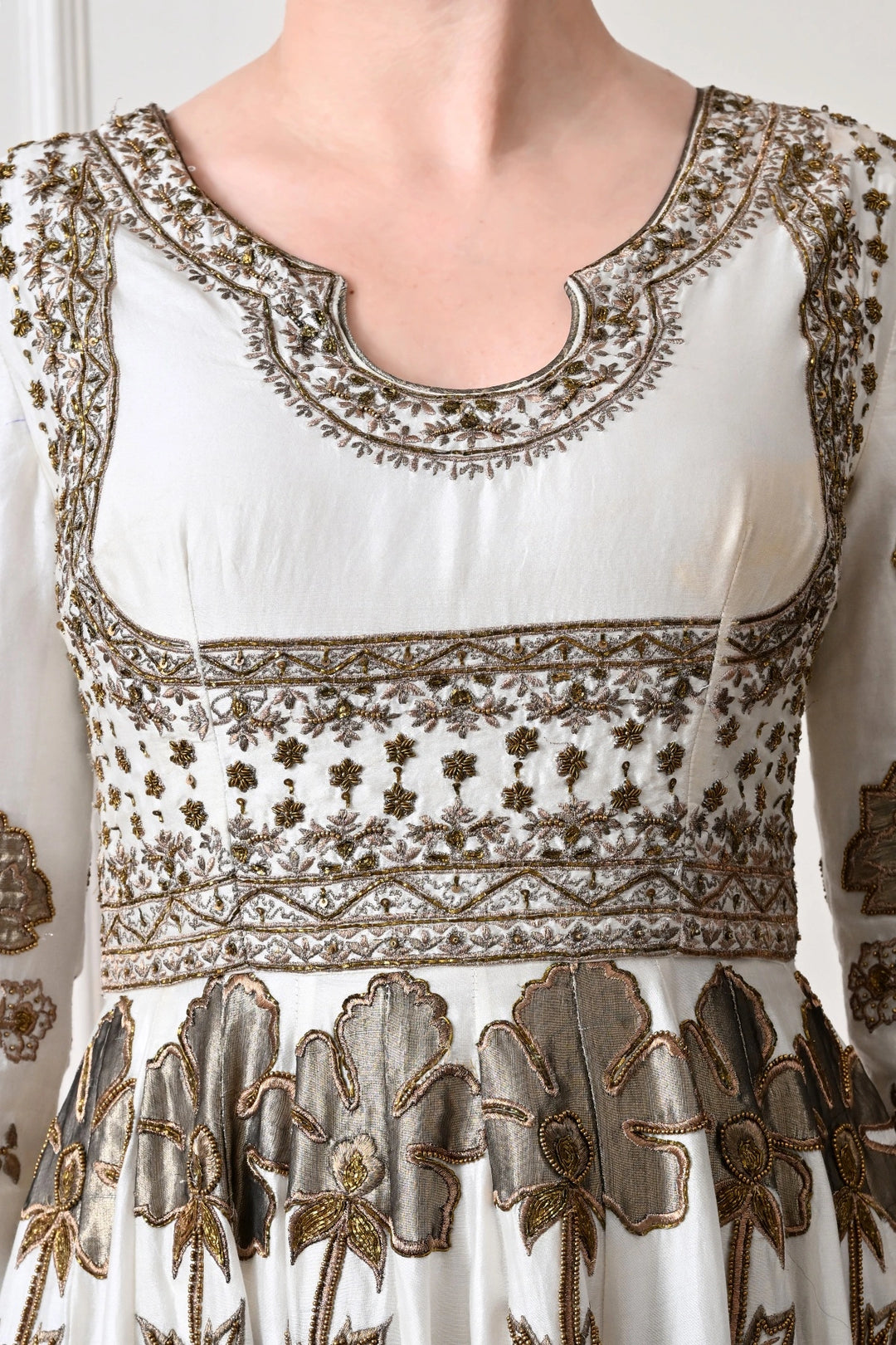 Ivory Midi Anarkali with Metallic Appliqué Florals