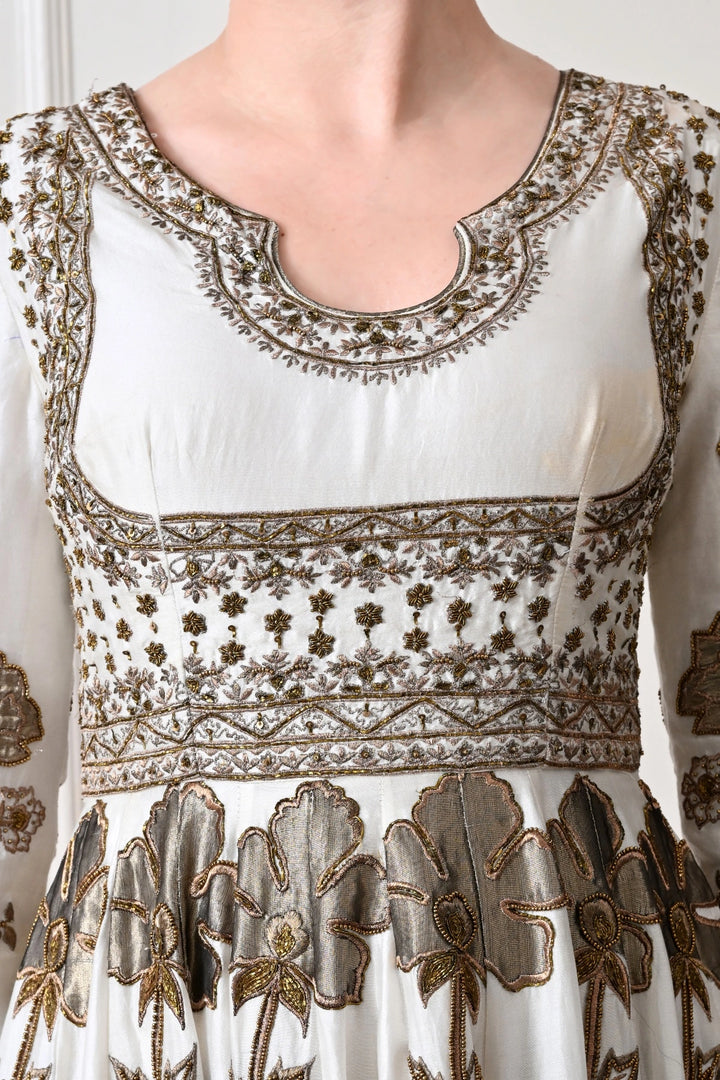Ivory Midi Anarkali with Metallic Appliqué Florals