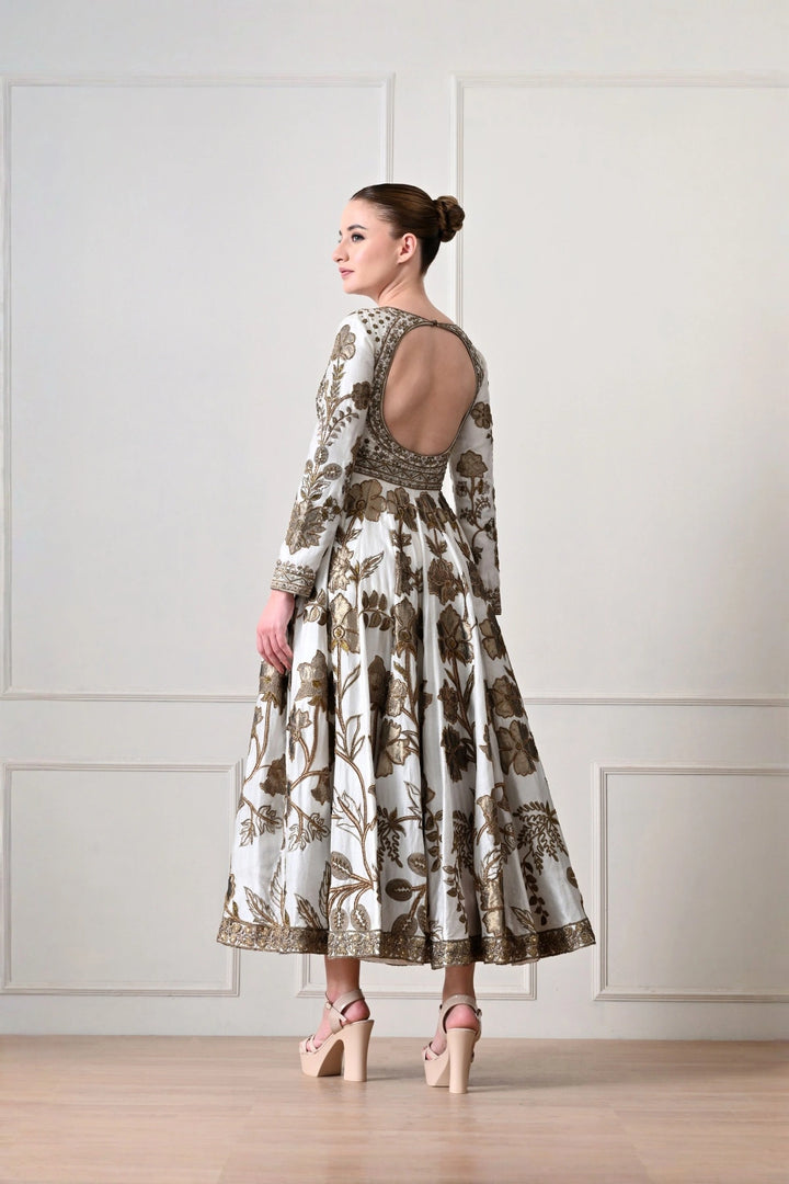 Ivory Midi Anarkali with Metallic Appliqué Florals