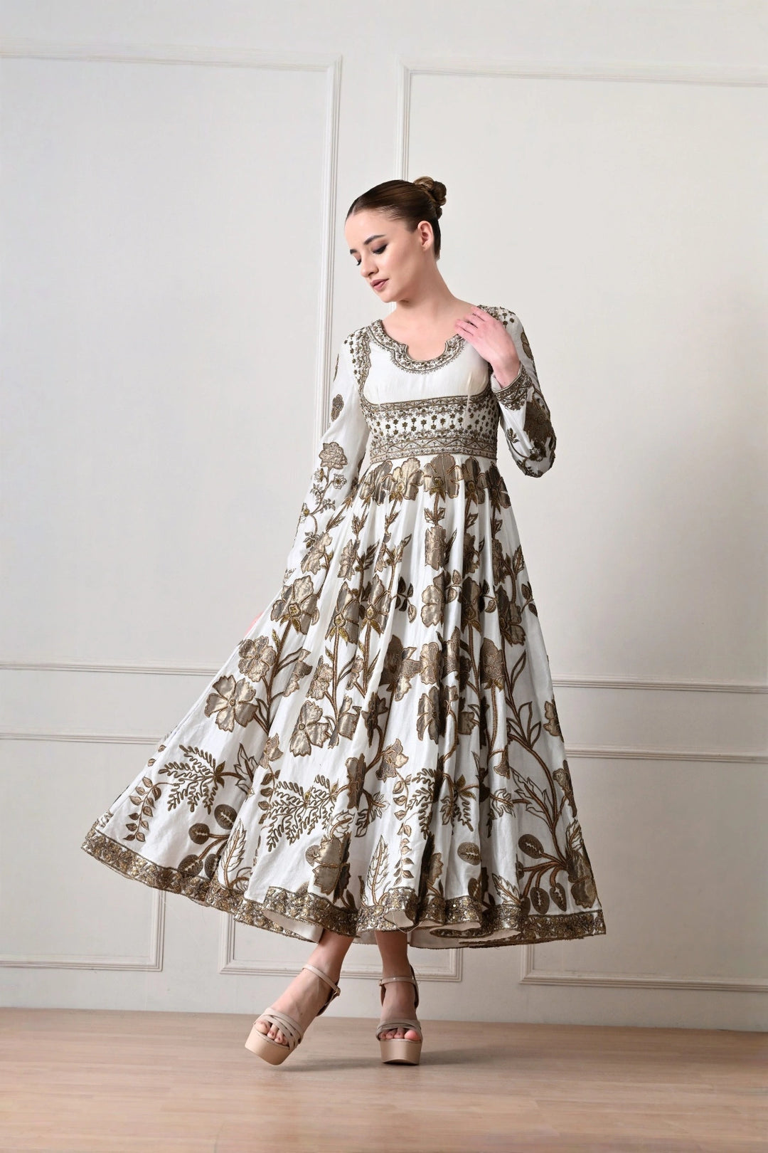 Ivory Midi Anarkali with Metallic Appliqué Florals