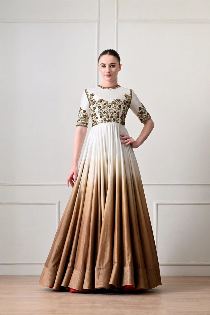 Ivory to Bronze Ombré Anarkali with Zardozi Bodice