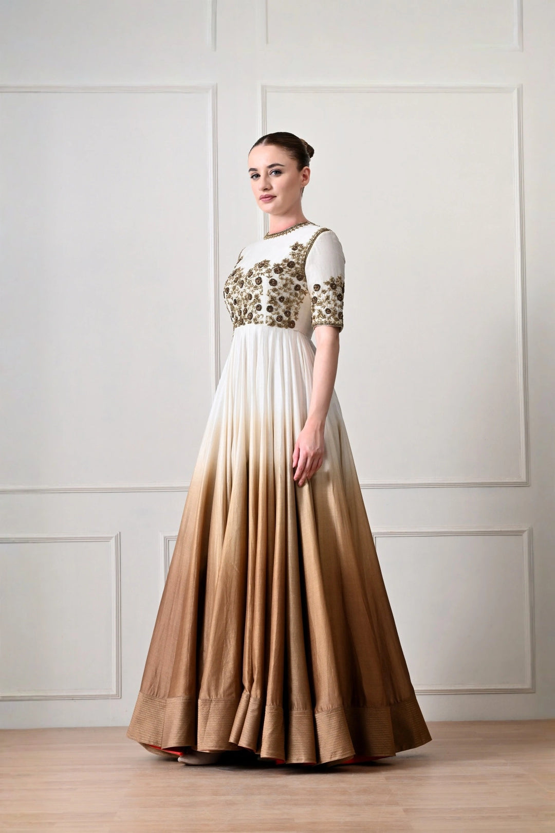 Ivory to Bronze Ombré Anarkali with Zardozi Bodice