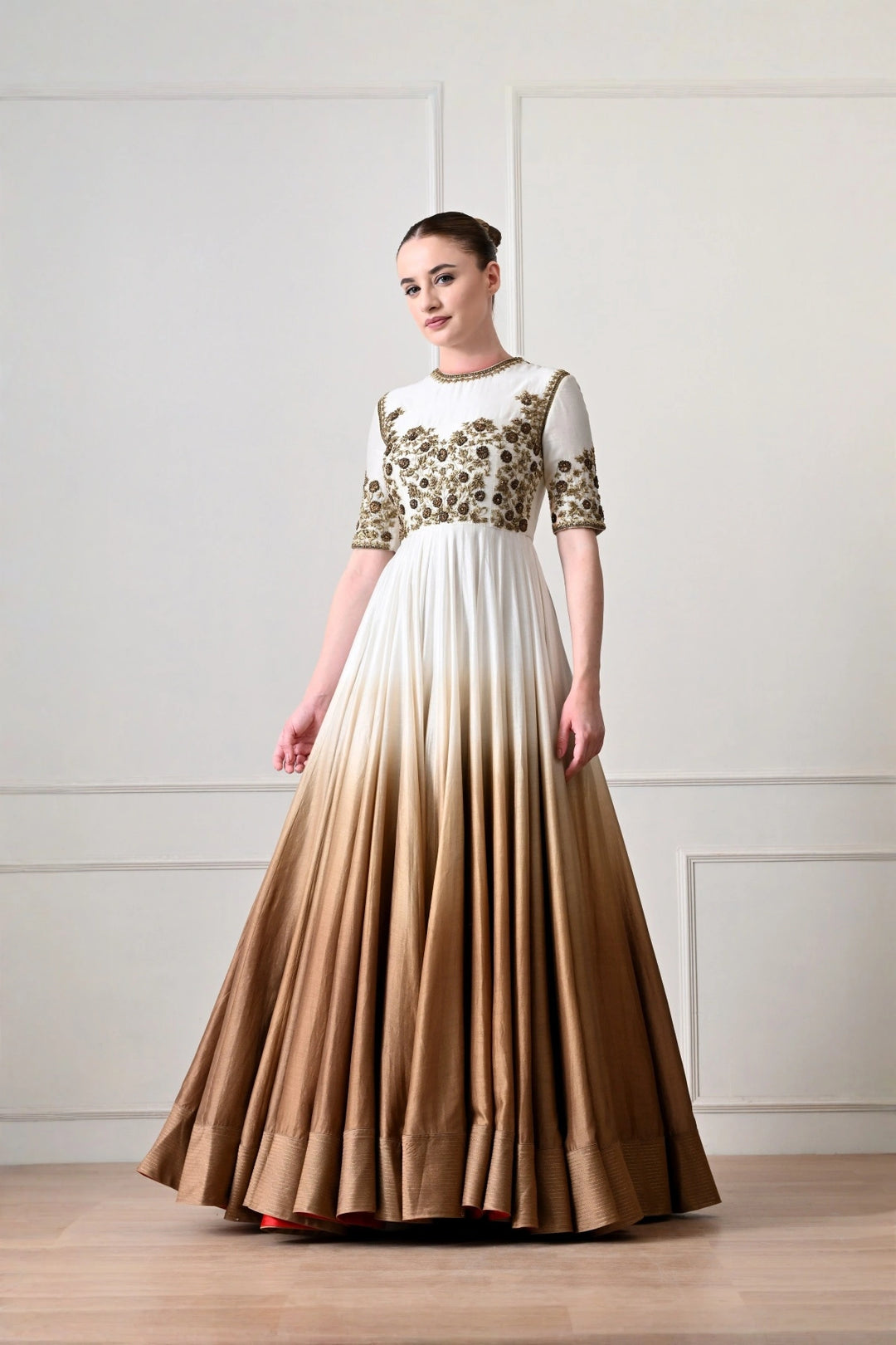 Ivory to Bronze Ombré Anarkali with Zardozi Bodice