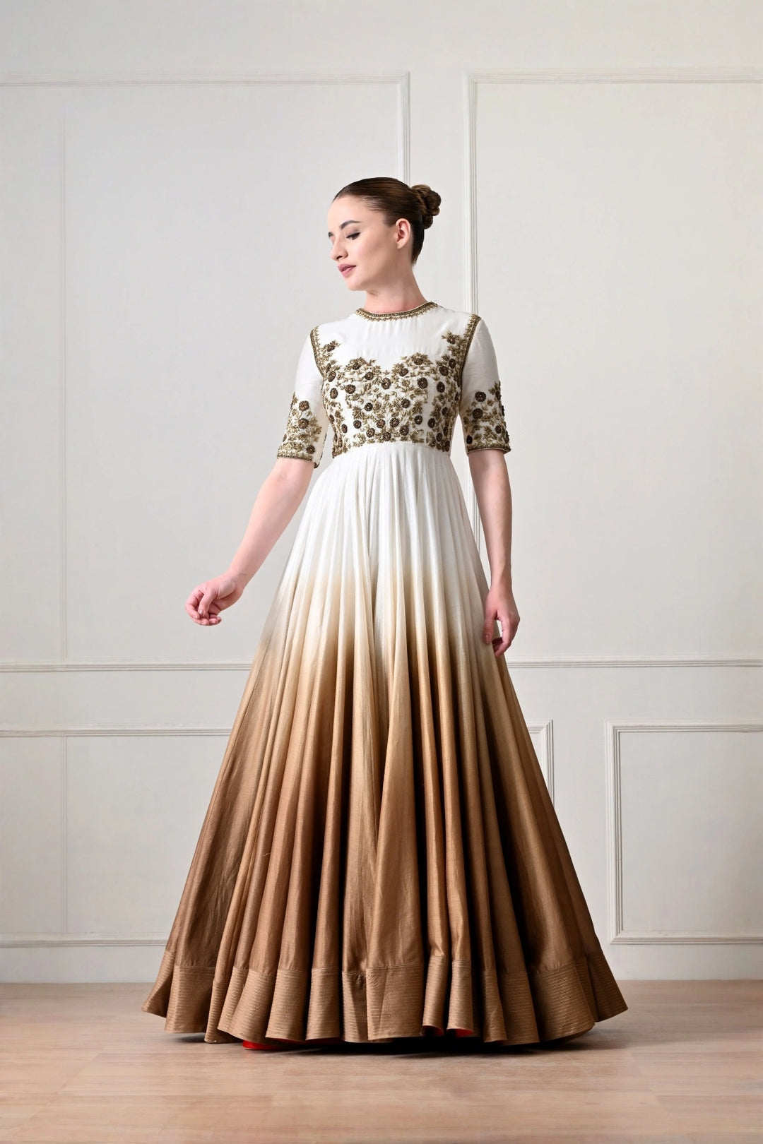Ivory to Bronze Ombré Anarkali with Zardozi Bodice
