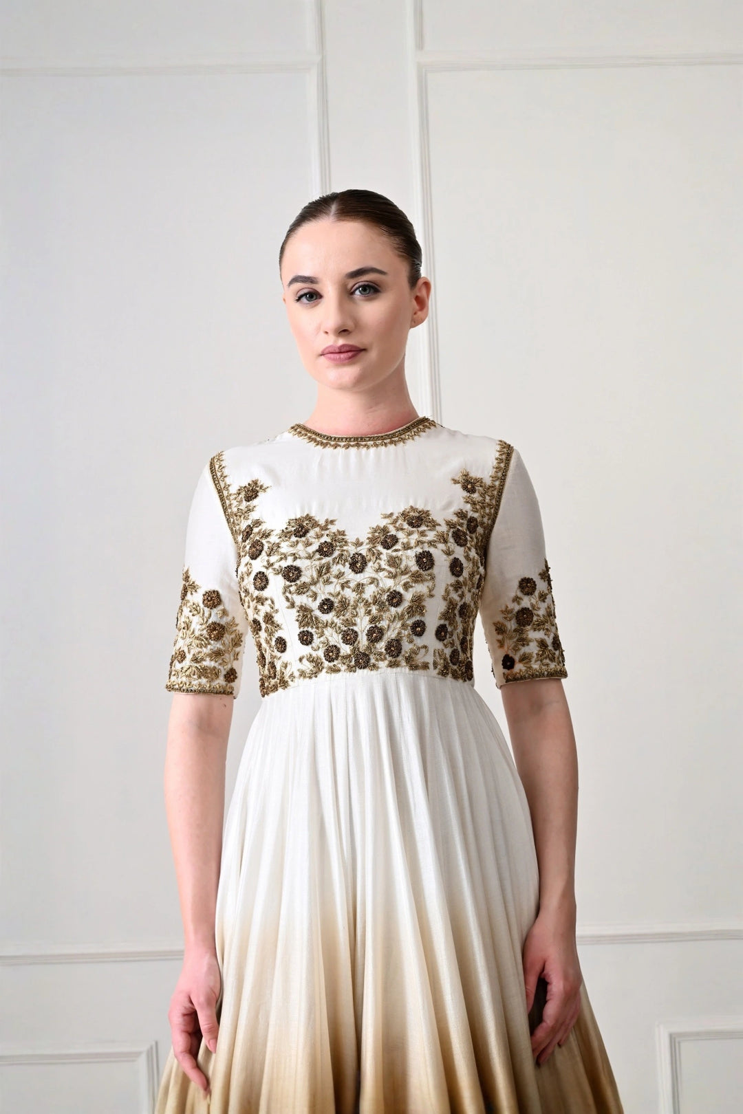 Ivory to Bronze Ombré Anarkali with Zardozi Bodice