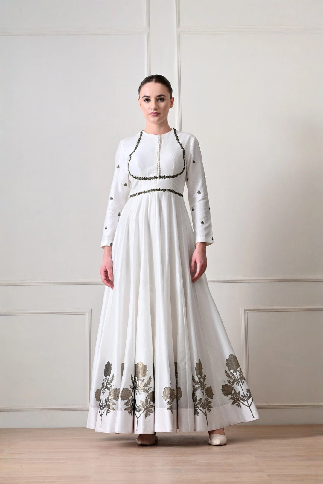 Ivory Button-Placket Anarkali with Zardozi Cord Work