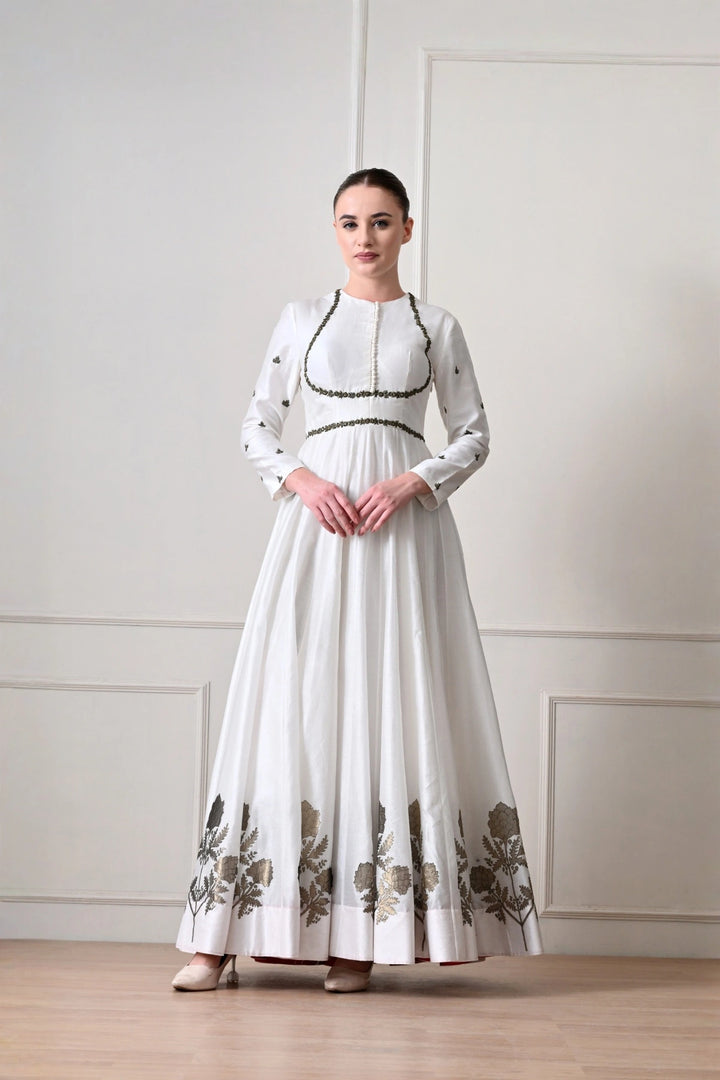 Ivory Button-Placket Anarkali with Zardozi Cord Work