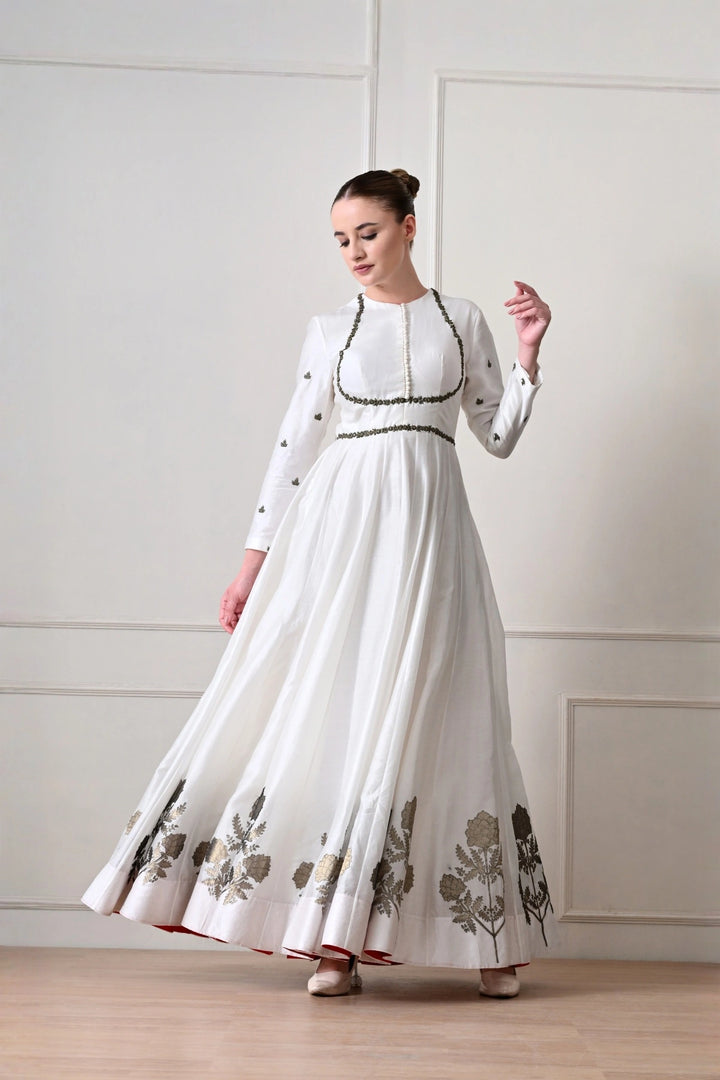 Ivory Button-Placket Anarkali with Zardozi Cord Work