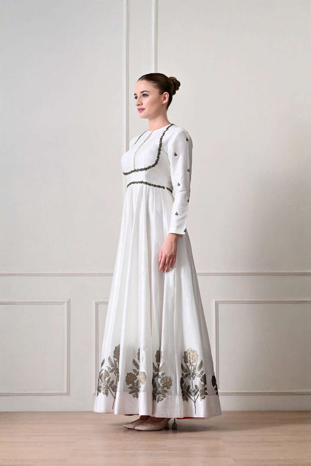 Ivory Button-Placket Anarkali with Zardozi Cord Work