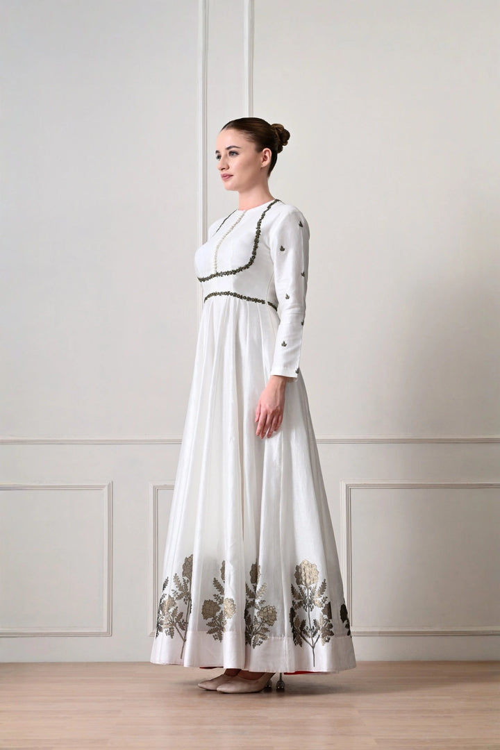 Ivory Button-Placket Anarkali with Zardozi Cord Work