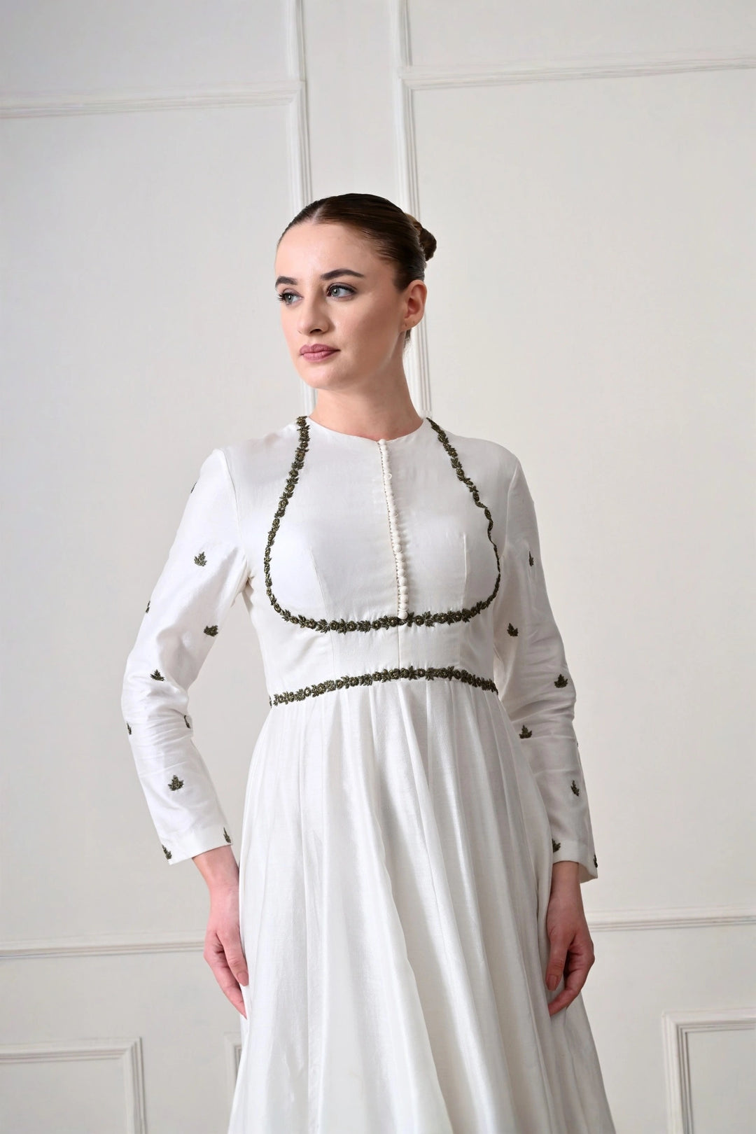 Ivory Button-Placket Anarkali with Zardozi Cord Work