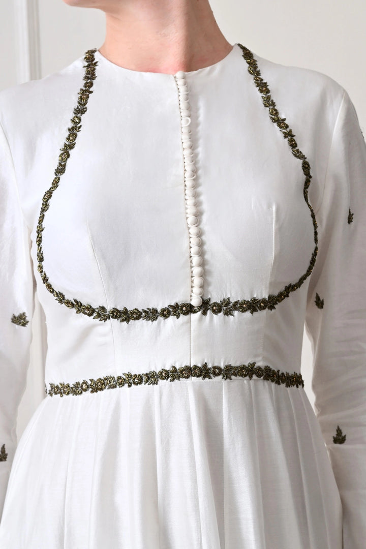 Ivory Button-Placket Anarkali with Zardozi Cord Work