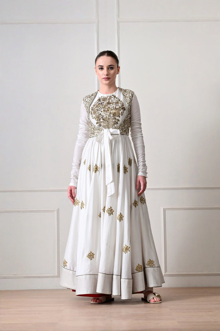 Ivory Anarkali with Embroidered Waistcoat and Tie Bow