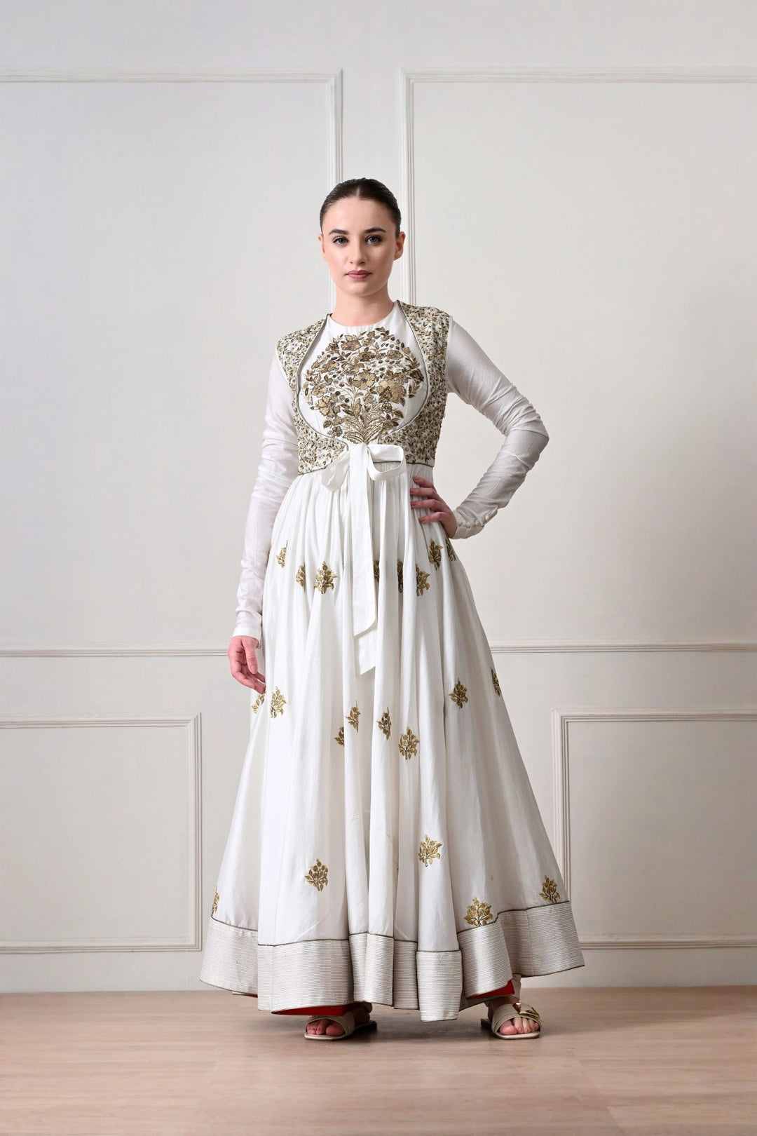 Ivory Anarkali with Embroidered Waistcoat and Tie Bow