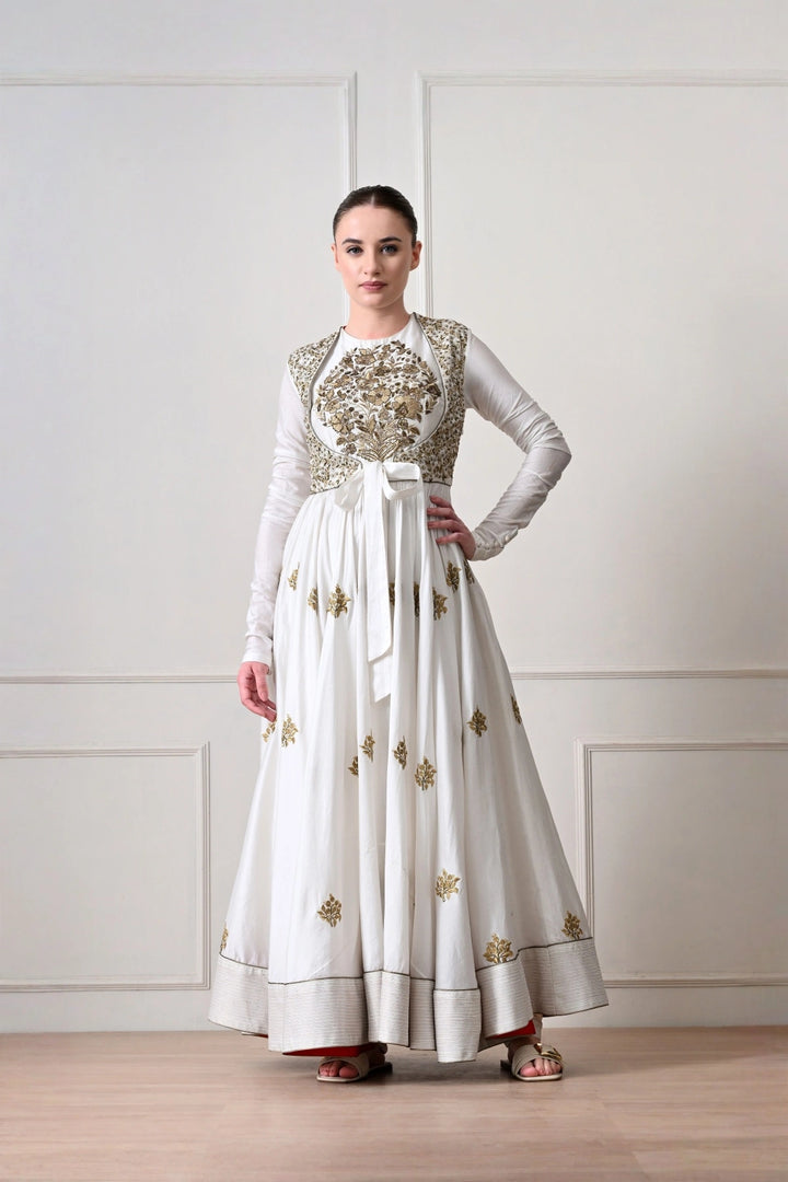 Ivory Anarkali with Embroidered Waistcoat and Tie Bow