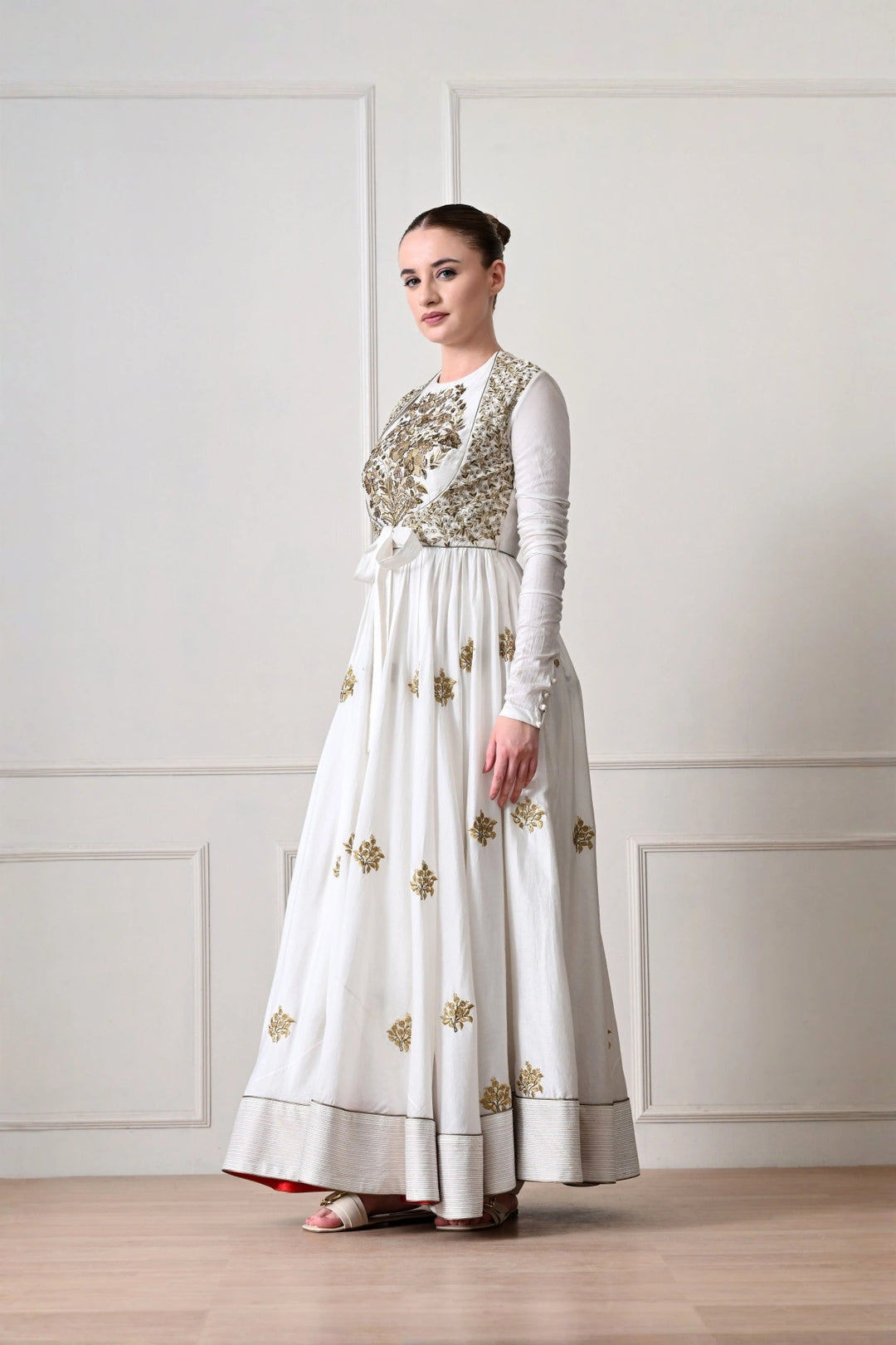 Ivory Anarkali with Embroidered Waistcoat and Tie Bow