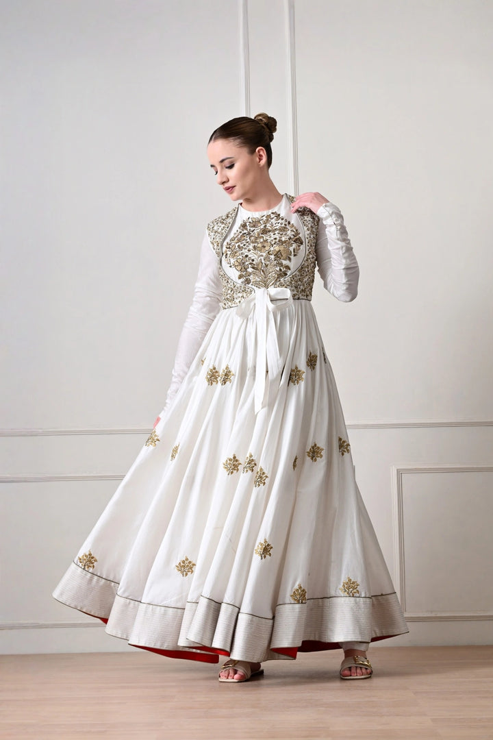 Ivory Anarkali with Embroidered Waistcoat and Tie Bow