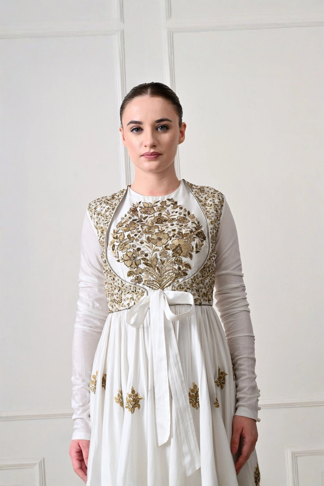 Ivory Anarkali with Embroidered Waistcoat and Tie Bow