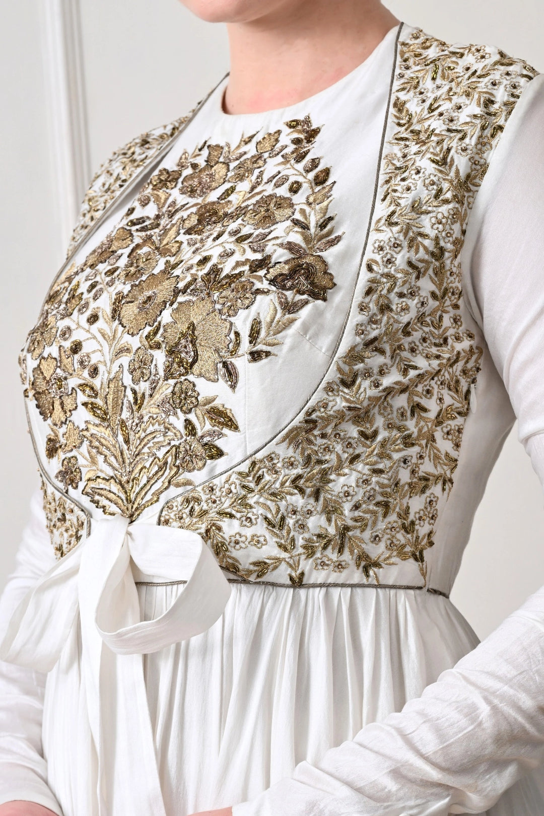 Ivory Anarkali with Embroidered Waistcoat and Tie Bow