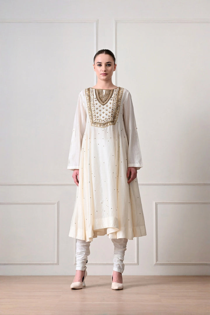 Ivory Keyhole Yoke Embroidered Kurta Set