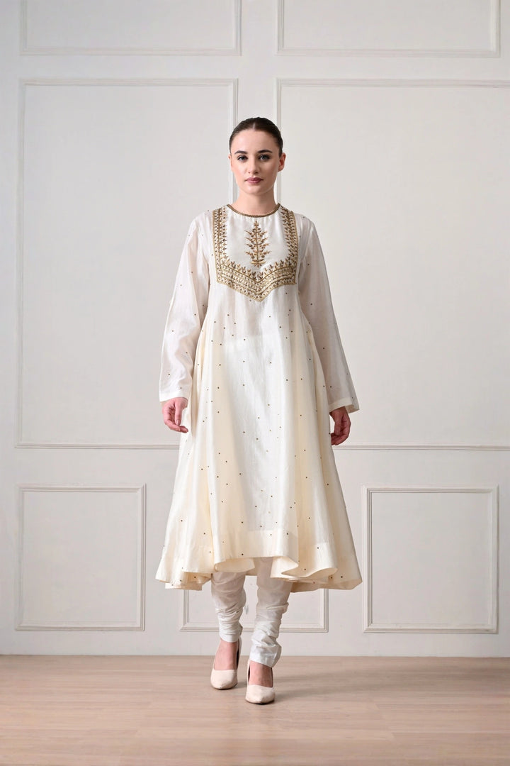 Ivory Botanical Yoke Embroidered A-Line Kurta Set