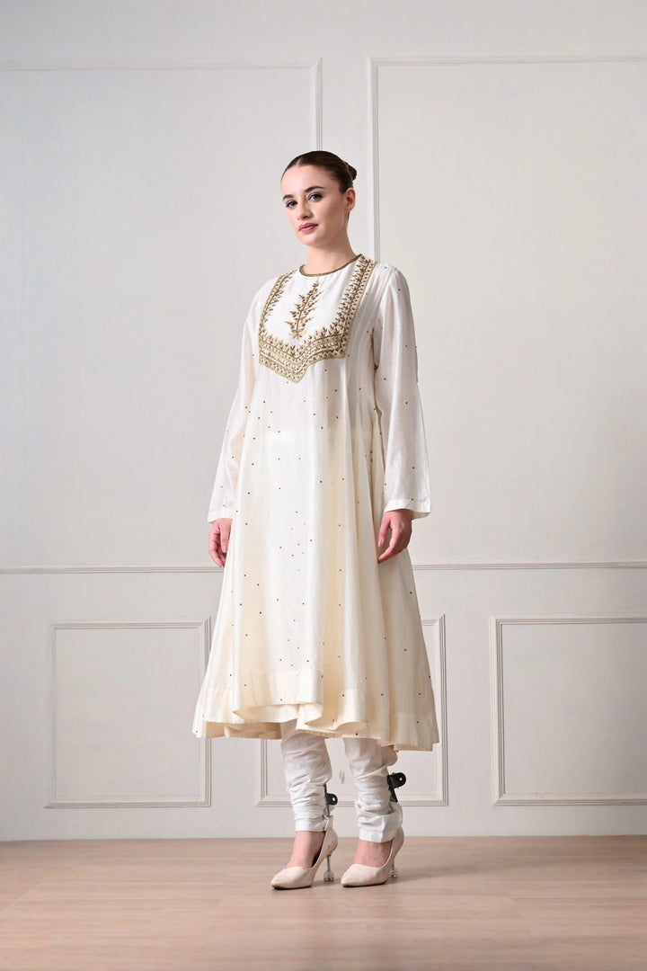 Ivory Botanical Yoke Embroidered A-Line Kurta Set