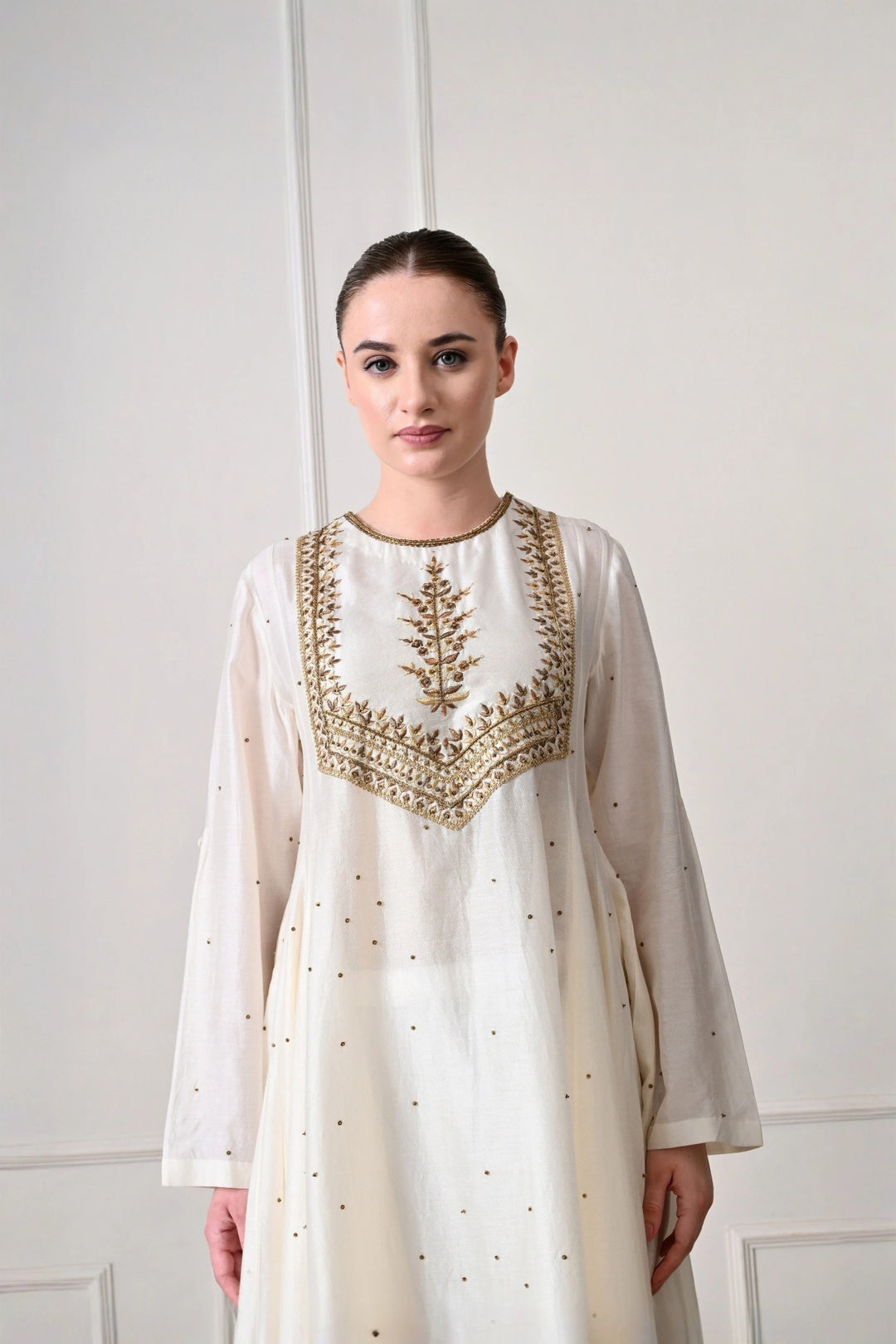 Ivory Botanical Yoke Embroidered A-Line Kurta Set