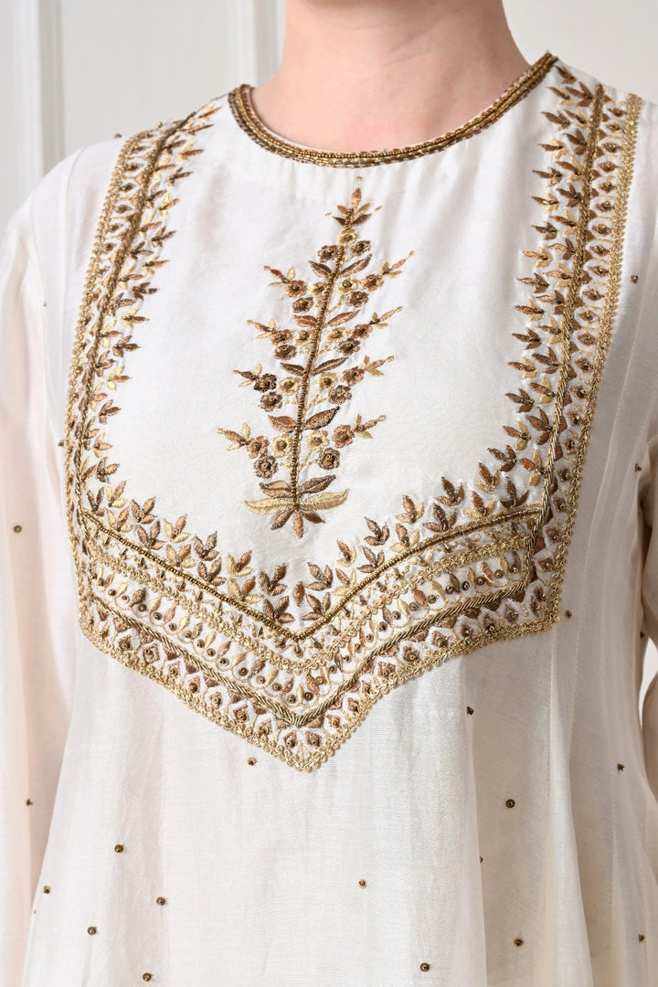 Ivory Botanical Yoke Embroidered A-Line Kurta Set