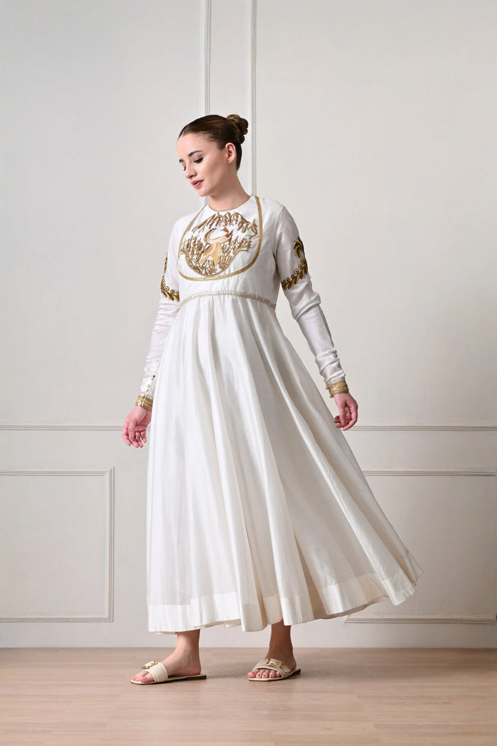 Ivory Peacock Embroidered Anarkali Dress