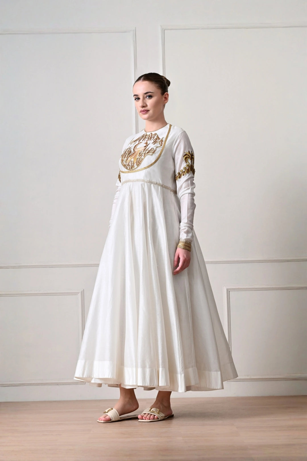 Ivory Peacock Embroidered Anarkali Dress