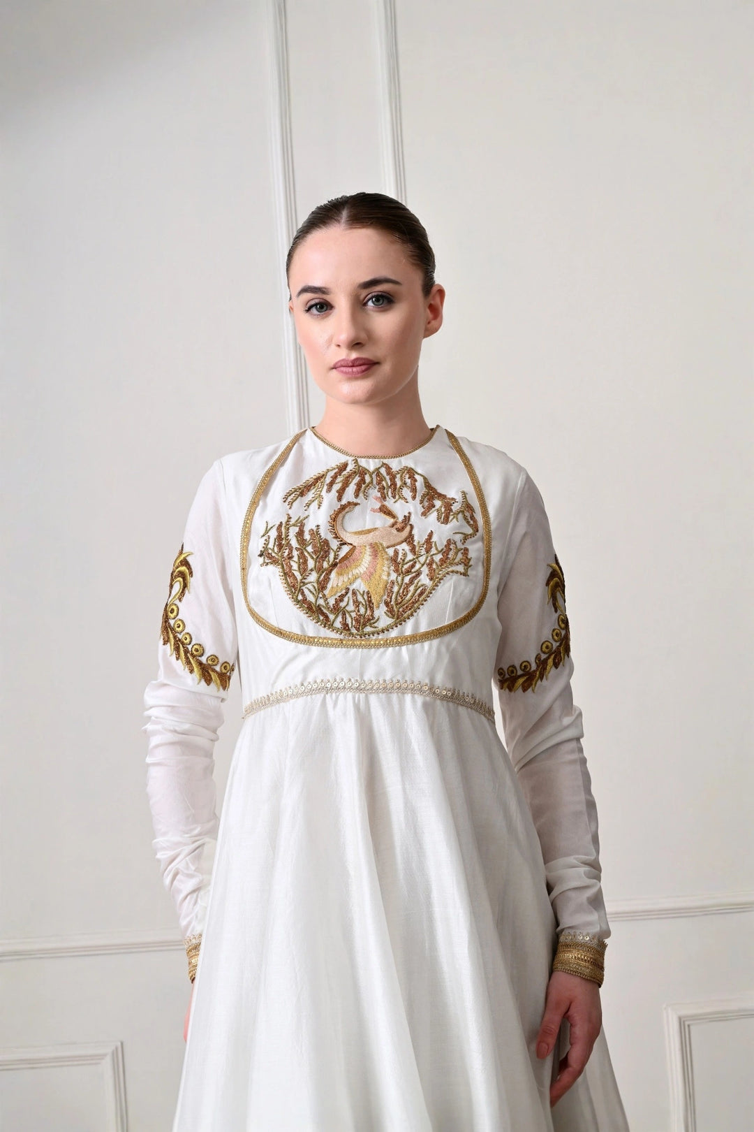 Ivory Peacock Embroidered Anarkali Dress