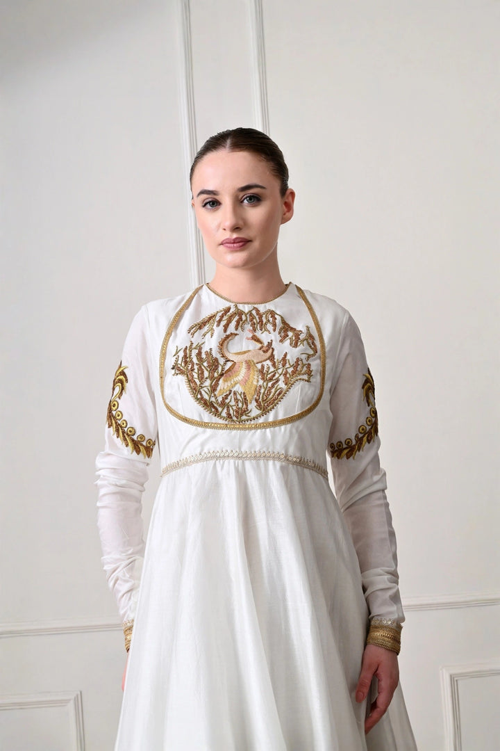 Ivory Peacock Embroidered Anarkali Dress