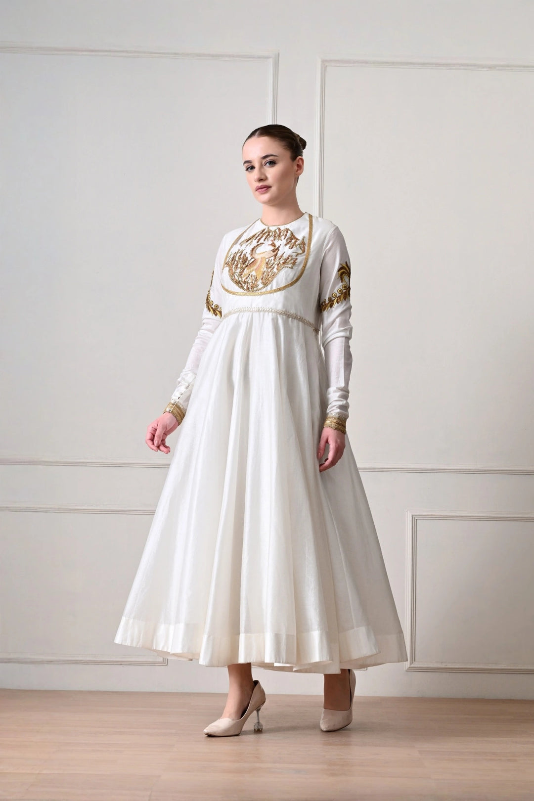 Ivory Peacock Embroidered Anarkali Dress