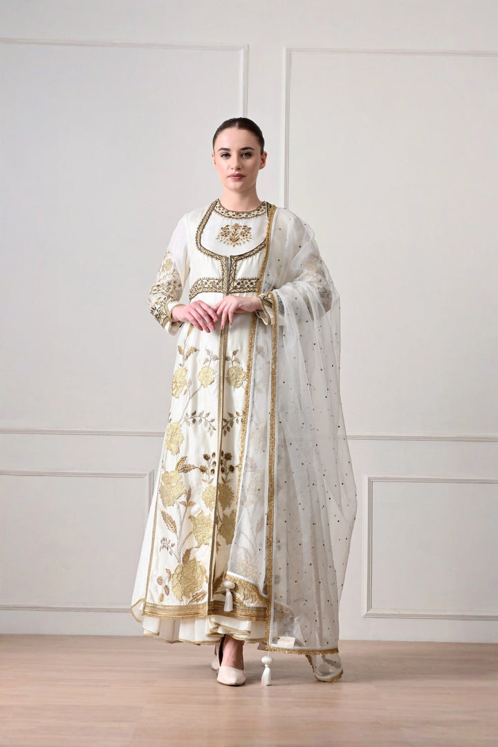 Ivory Gold Appliqué Anarkali Set with Net Dupatta