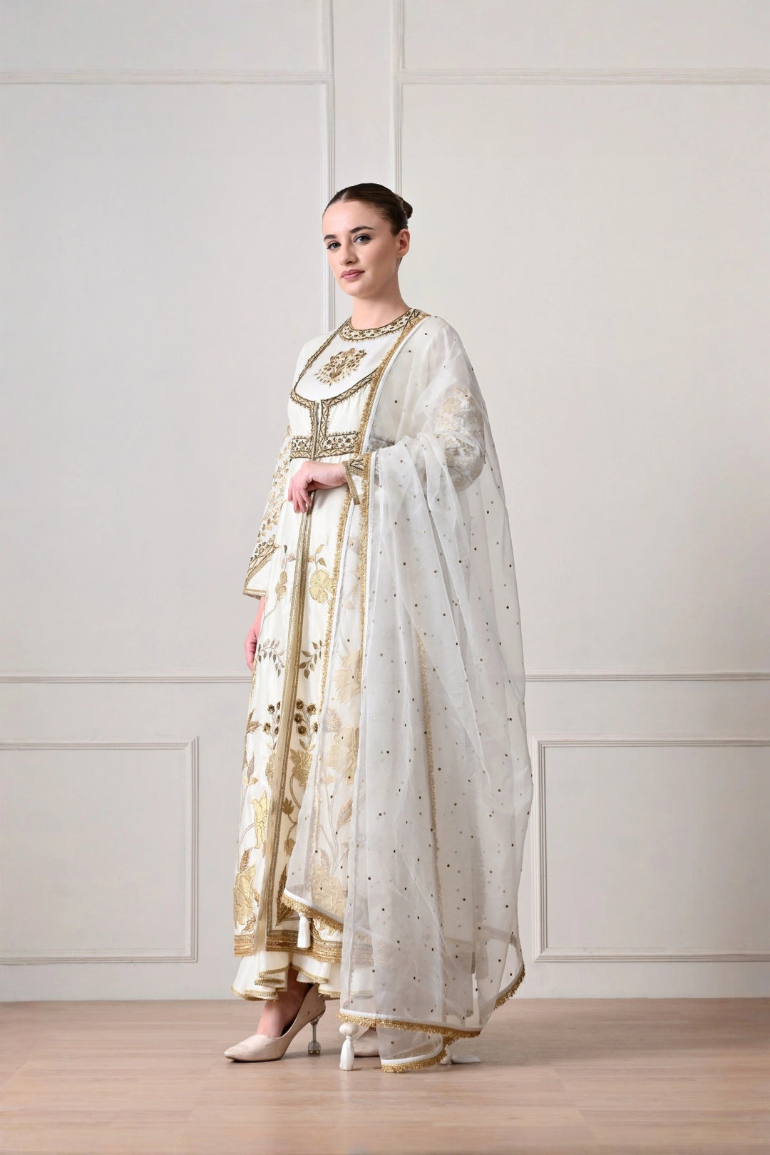 Ivory Gold Appliqué Anarkali Set with Net Dupatta