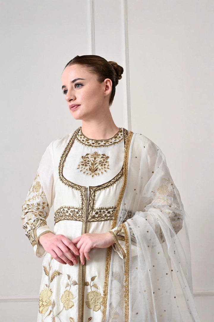 Ivory Gold Appliqué Anarkali Set with Net Dupatta