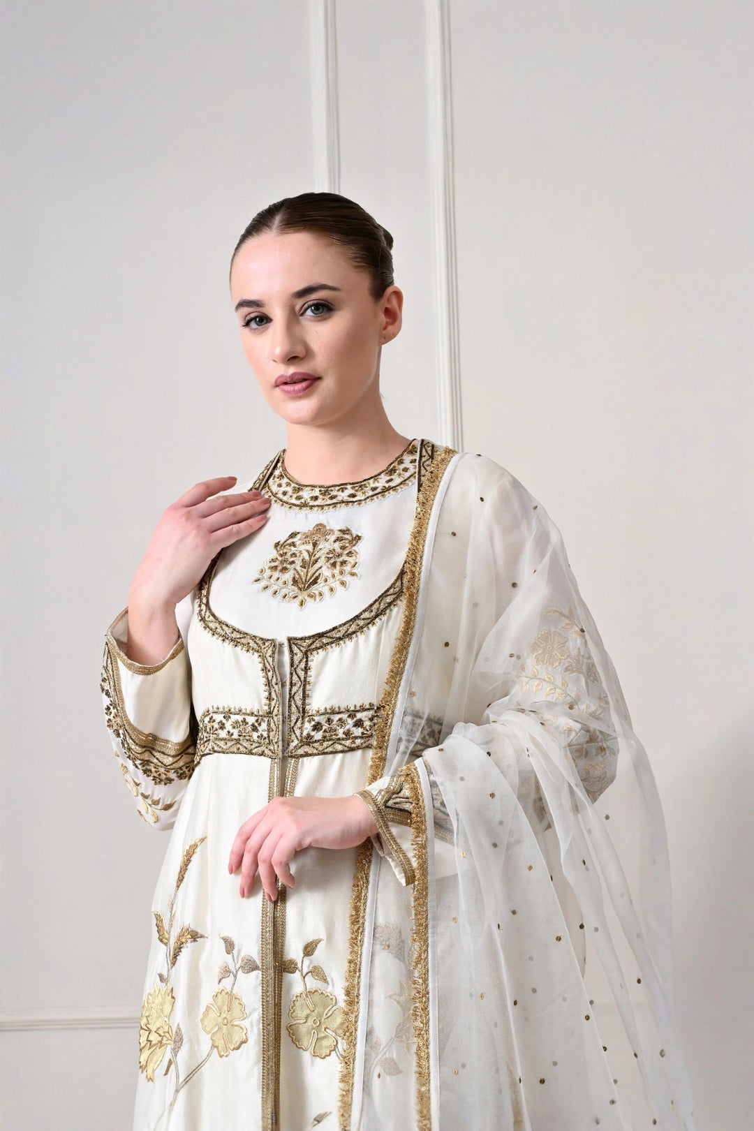 Ivory Gold Appliqué Anarkali Set with Net Dupatta