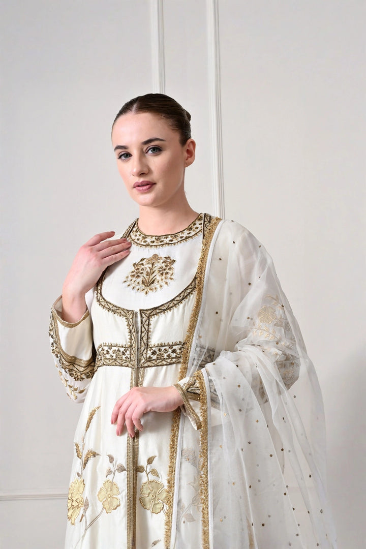 Ivory Gold Appliqué Anarkali Set with Net Dupatta