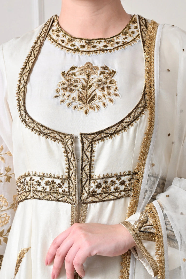 Ivory Gold Appliqué Anarkali Set with Net Dupatta