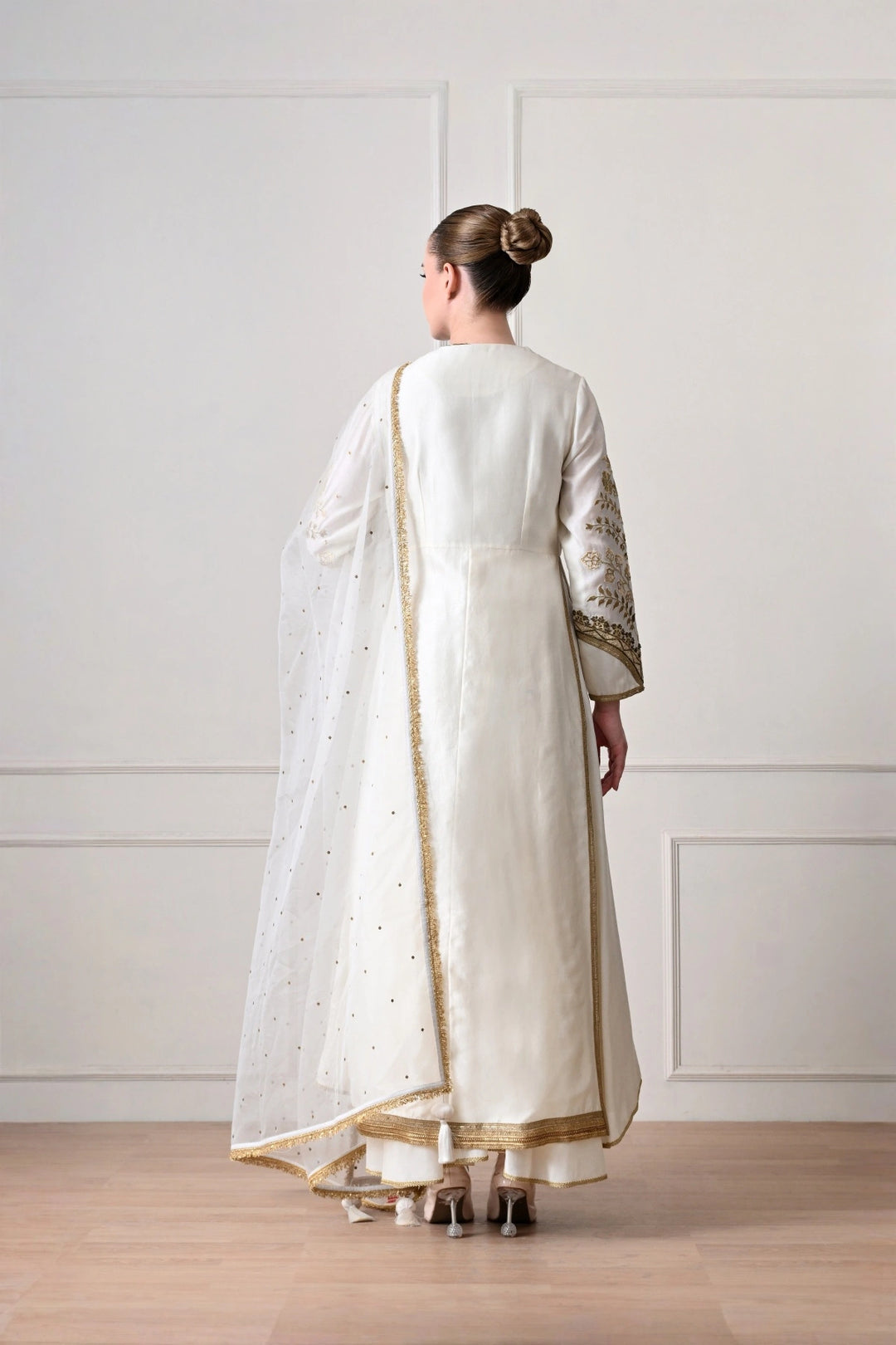 Ivory Gold Appliqué Anarkali Set with Net Dupatta