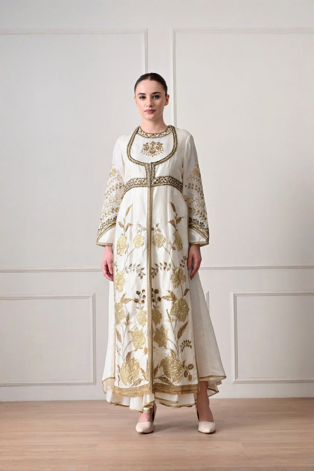 Ivory Gold Appliqué Anarkali Set with Net Dupatta