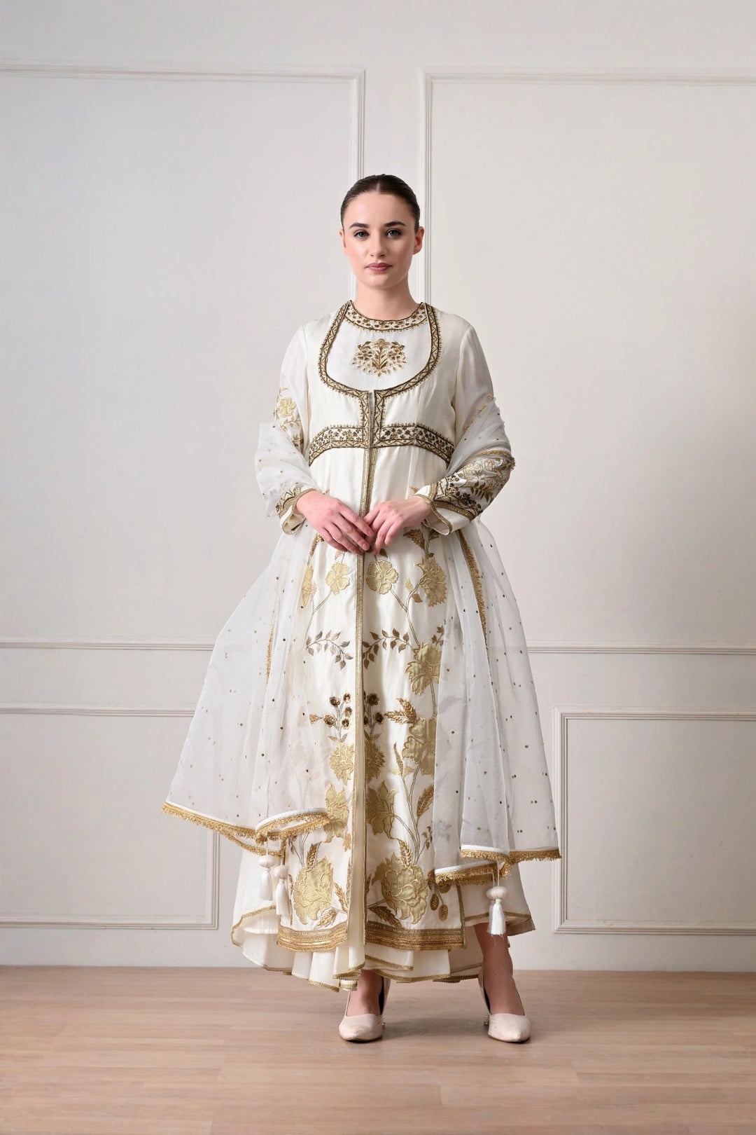 Ivory Gold Appliqué Anarkali Set with Net Dupatta