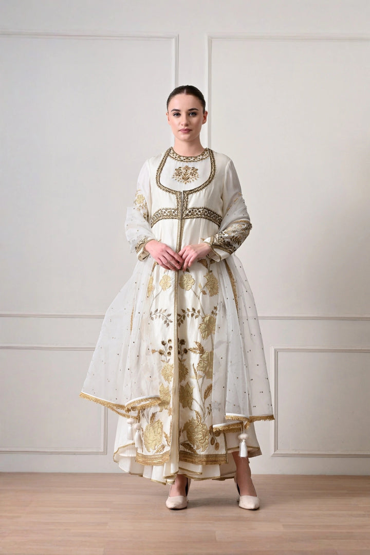 Ivory Gold Appliqué Anarkali Set with Net Dupatta